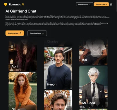 Romantic AI companion chat platform homepage showing character selection and relationship interface 2026