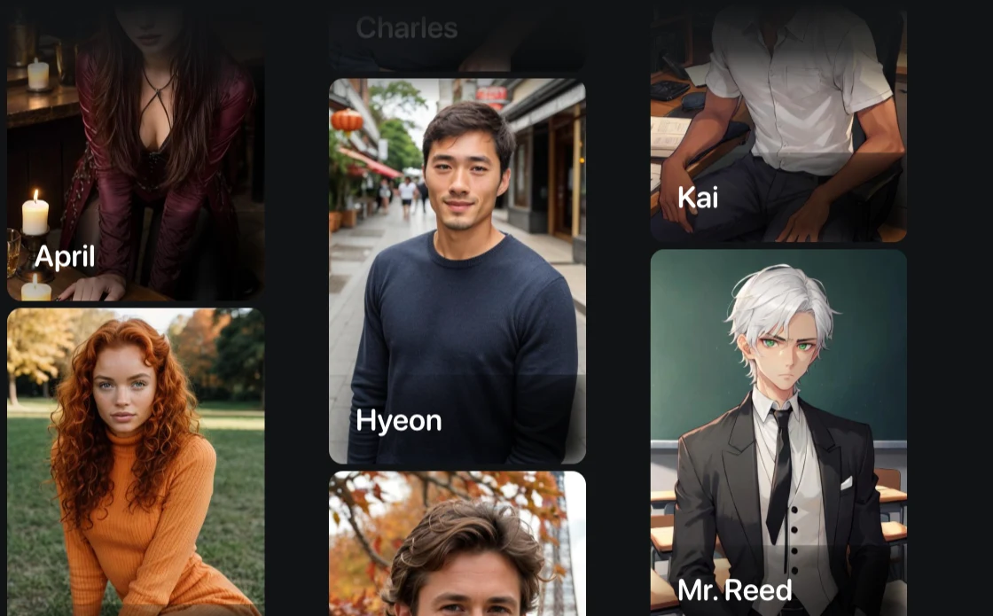 Romantic AI character browser showing companion gallery with anime and realistic character options